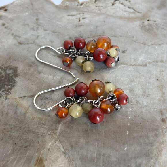 Sterling Silver 925 Beaded Red Jasper Multi-stone Dangle Drop Earrings - Picture 4 of 16